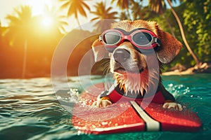 A surfer dog swims through the sea waves on a special surfboard. The concept of animals doing sea sports