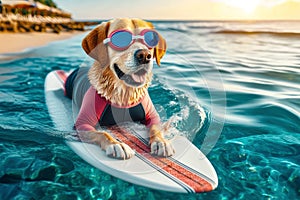 A surfer dog swims through the sea waves on a special surfboard. The concept of animals doing sea sports
