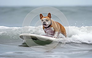 Surfer dog swims through the waves on a surfboard on the sea, summer landscape, generative ai