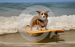 Surfer dog swims through the waves on a surfboard on the sea, summer landscape, generative ai