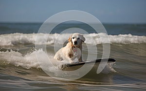 Surfer dog swims through the waves on a surfboard on the sea, summer landscape, generative ai