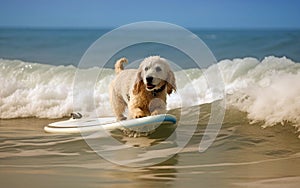 Surfer dog swims through the waves on a surfboard on the sea, summer landscape, generative ai