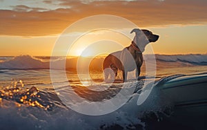 Surfer dog swims through the waves on a surfboard on the sea, summer landscape, generative ai