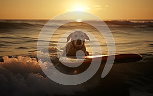 Surfer dog swims through the waves on a surfboard on the sea, summer landscape, generative ai