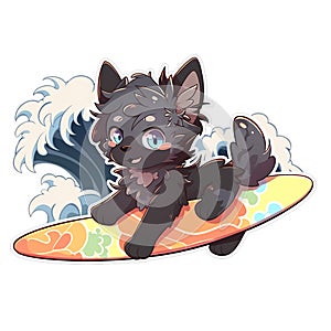 A surfer dog who loves riding waves at the beach, AI Generated, Sticker ver.1