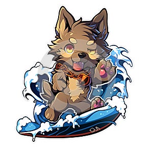 A surfer dog who loves riding waves at the beach, AI Generated, Sticker ver.11