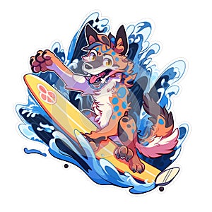A surfer dog who loves riding waves at the beach, AI Generated, Sticker ver.2