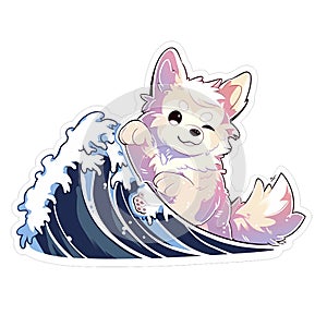 A surfer dog who loves riding waves at the beach, AI Generated, Sticker ver.6