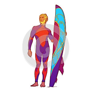 Surfer in drusuit. Front view. on white