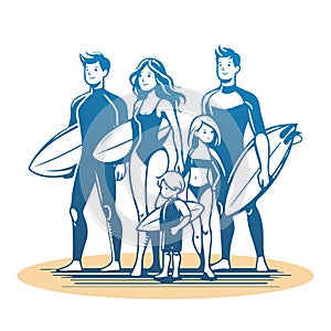Surfer Family. Vector Cartoon Illustration on White Background