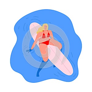 Surfer girl character in a red swimsuit riding sitting on a surfboard. Vector illustration in flat cartoon style