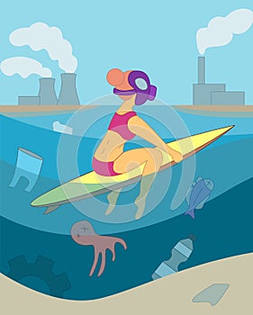 Surfer girl gas mask floats on board in sea of plastic garbage. Ocean waters pollution concept. Under water bottle, bag, tire,