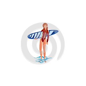 Surfer girl. Raster illustration in flat cartoon style