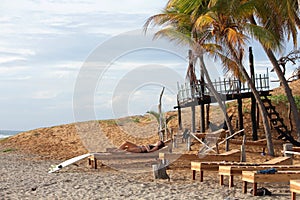 Surfer girl resting on a sun lounger under the palm trees overlooking the ocean during the sunrise