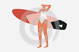 Surfer girl in retro bikini with a surfboard