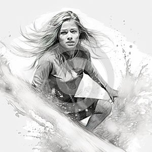 surfer girl sea waves illustration black and white. Generative AI