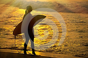 Surfer girl surfing looking at ocean beach sunset. Silhouette w