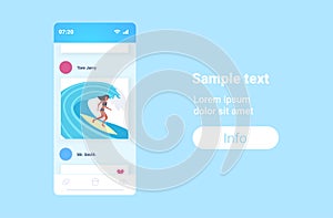 Surfer girl surfing on wave young girl on surfboard summer vacation concept smartphone screen online mobile app flat