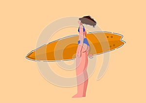 Surfer girl in trendy flat style. Vector.Woman with a surf board in hands.A young tanned girl with long flowing hair in