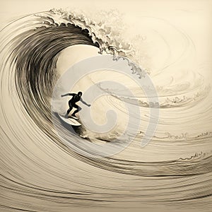 Sepia Tone Surfer Riding Maelstrom: Detailed Fantasy Illustration photo