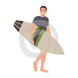 Surfer and his surfboard ready to surf while walking