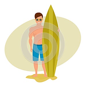 Surfer is holding board for swimming, spending vacation on sea.