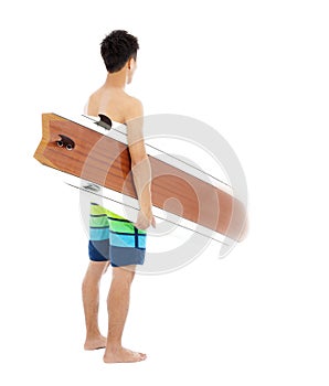 Surfer holding a surfboard over white background