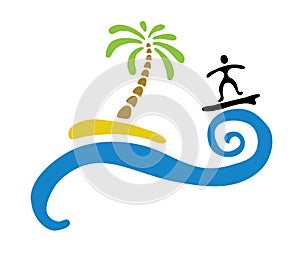 Surfer and island with palm, vector illustration