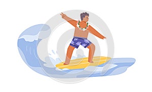 Surfer kid riding surfboard on water wave in sea. Cool boy surfing, standing on surf board on summer holidays. Active