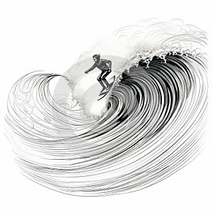 Surfer On Maelstrom: A Dynamic Single Line Drawing In The Style Of Aaron Horkey