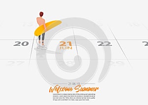 Surfer man standing with surfboard on the beach. Man holding surfboard marked date Summer season start on calendar 21th June.