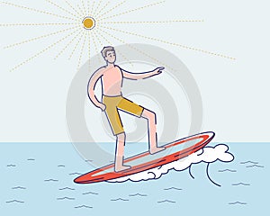 Surfer man on surf board riding ocean wave. Young cartoon guy standing on surfboard