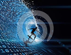 Dynamic futuristic surfer riding a wave of binary code in a digital ocean landscape