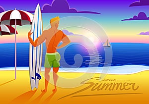 Surfer on the ocean beach at sunset with surfboard. vector illustration, vintage effect. sports man on weekends, healthy