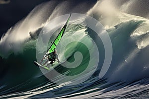 Surfer on ocean wave. 3d render illustration. Conceptual image, storm rider Haifa, windsurfer making extreme tricks on huge waves
