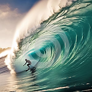 Surfer on ocean wave at sunset. Extreme adventure sport. Generative AI