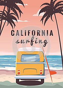 Surfer orange bus, van, camper with surfboard on the tropical beach. Poster California palm trees and blue ocean behind