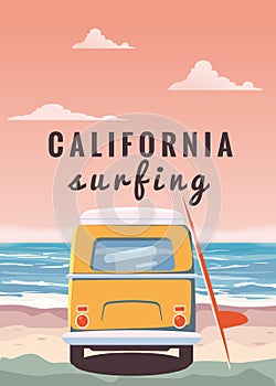 Surfer orange bus, van, camper with surfboard on the tropical beach. Poster California palm trees and blue ocean behind