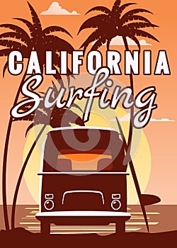 Surfer orange bus, van, camper with surfboard on the tropical beach. Poster California palm trees and blue ocean behind