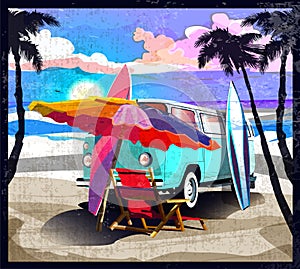 Surfer orange bus, van, camper with surfboard on the tropical beach. Poster California palm trees and blue ocean behind. Retro