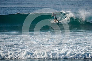 Surfer on perfect blue aquamarine wave, empty line up, perfect for surfing, clean water, Indian Ocean close to Mirissa in Sri