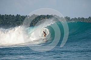 Surfer on perfect blue big tube wave, empty line up, perfect for surfing, clean water, Indian Ocean in Mentawai islands