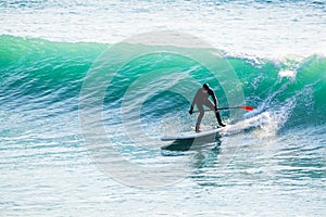 Surfer ride on stand up paddle board on ocean waves. Stand up paddle boarding in sea