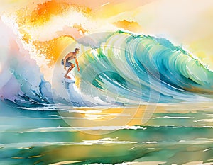 Surfer rides a vibrant wave, painted with warm and cool hues reflecting the sunset s glow. The artistry is fluid, dynamic