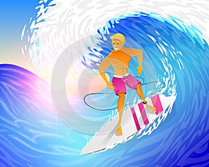 Surfer riding on blue ocean wave with surfboard. Muscular man on weekends. Happy young guy on the crest. Sea and Beach