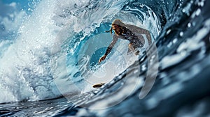 Surfer Riding A Curling Wave In Bright Sunlight Captured From A Water-Level Perspective