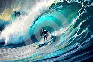 Surfer riding on a huge wave. Hawaii. Pacific ocean. Generative Ai Art. Extreem sport