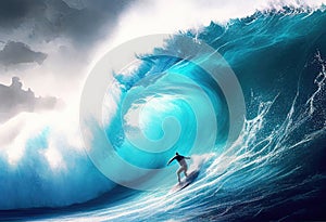 Surfer riding on a huge wave. Hawaii. Pacific ocean. Generative Ai Art. Extreem sport