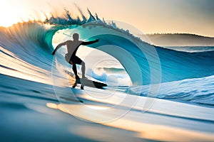 A surfer riding a massive wave with spray and foam all around