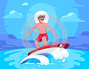 Surfer riding surfboard on water wave in sea, Cool boy surfing, standing on surf board